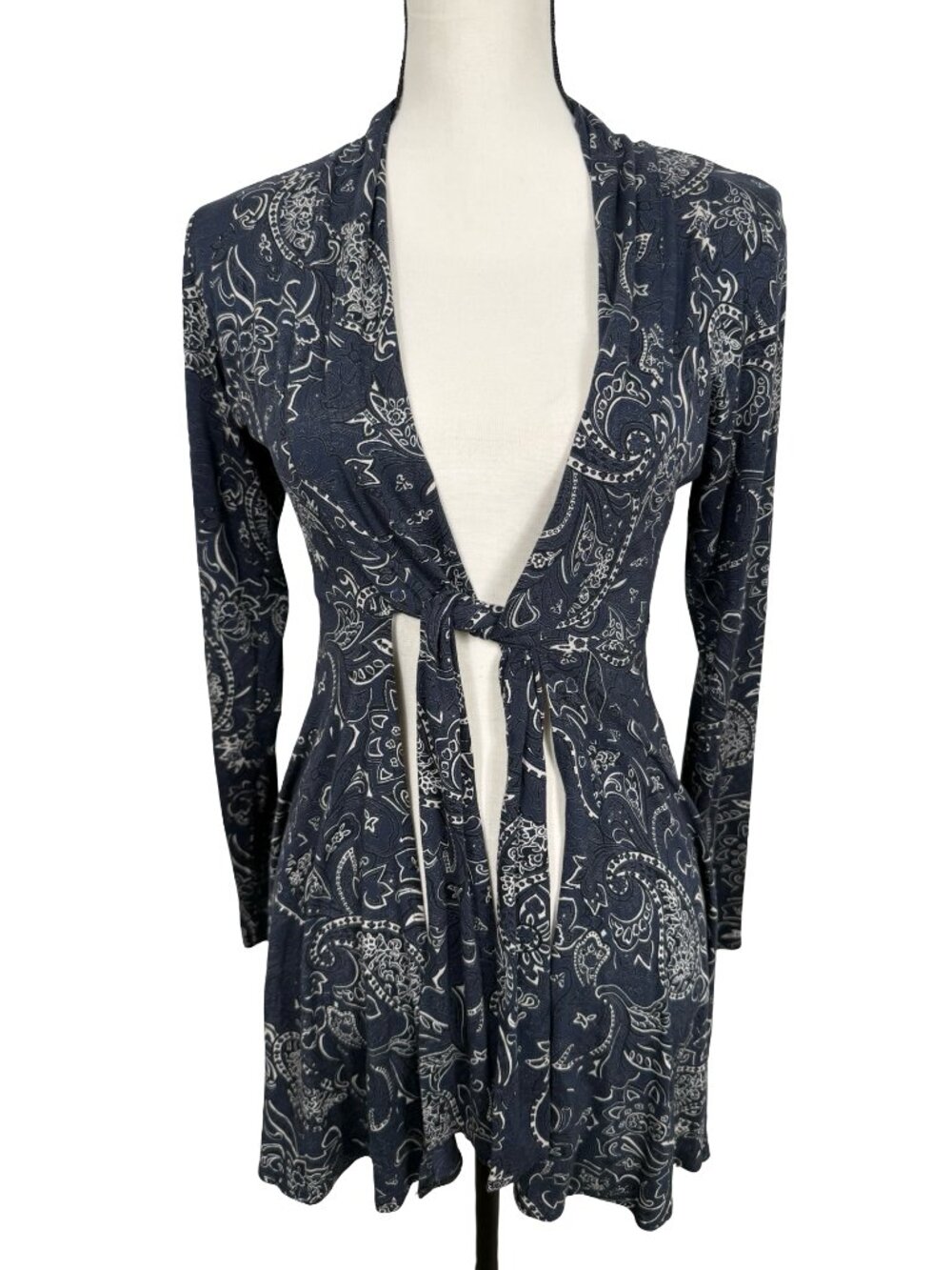 Salaam Open Front Tie Cardigan XS Blue Paisley Rayon Spandex USA Boho